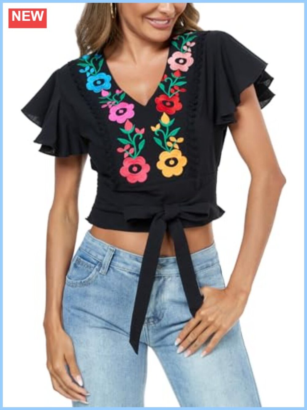 Women V Neck Tie Front Crop Top Ruffle Short Sleeve Boho Peasant Embroidered